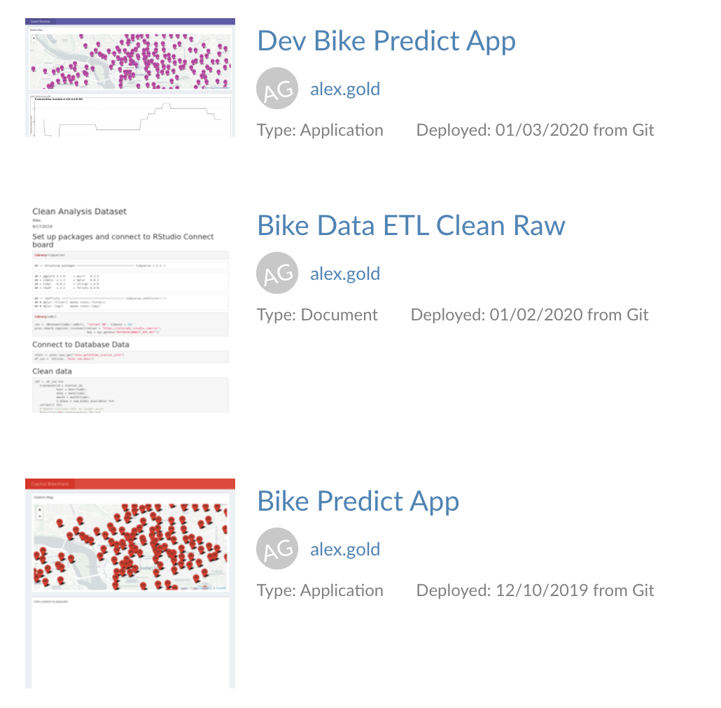 The RStudio Connect home screen with the prod app in red and the dev app in purple.